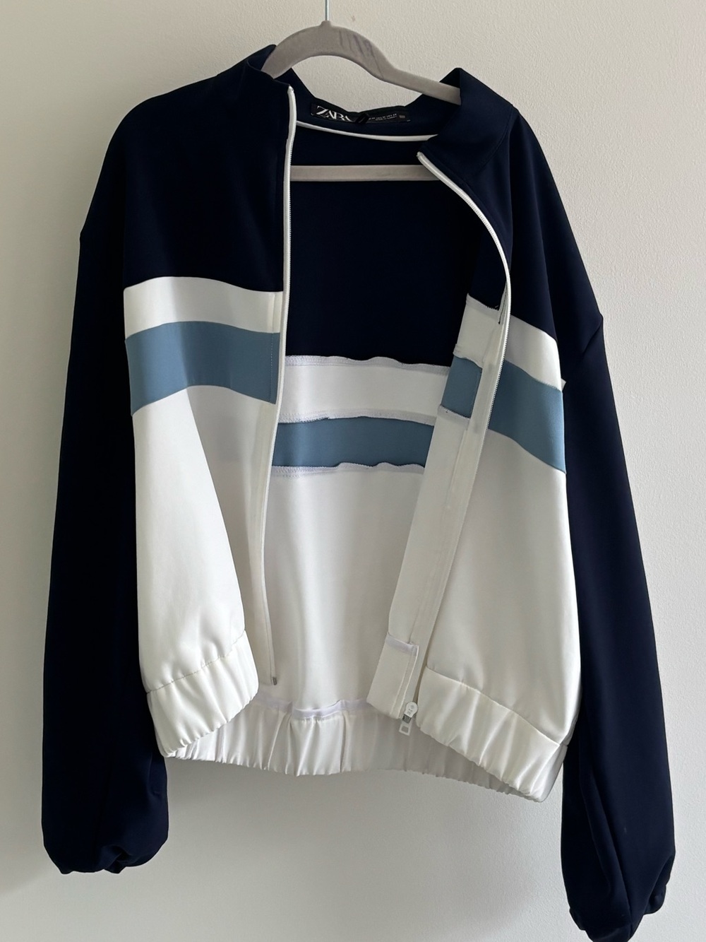 ZARA NWOT Navy White Sporty Zip Jacket with Elastic Trim